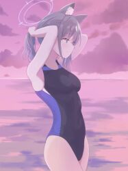 Rule 34 | 1girl, animal ear fluff, animal ears, black one-piece swimsuit, blue archive, blue eyes, breasts, cloud, competition swimsuit, covered navel, cross hair ornament, dawn, extra ears, grey hair, hair ornament, halo, highres, holding, holding own hair, horizon, looking to the side, low ponytail, medium breasts, medium hair, miksin, mismatched pupils, multicolored clothes, multicolored swimsuit, ocean, official alternate costume, one-piece swimsuit, purple sky, shiroko (blue archive), shiroko (swimsuit) (blue archive), sky, solo, standing, swimsuit, wolf ears
