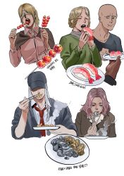 Rule 34 | 2boys, 3girls, bald, blindfold, braided hair rings, cardigan, character request, check character, chewing, chicken feet (food), chocytd, chopsticks, collared shirt, covered eyes, cropped torso, dark skin, disembodied limb, eating, elden ring, facial mark, fish (food), food, food on face, food request, giving, green sweater, grey cloak, hair rings, hand up, hands up, hat over eyes, highres, holding, holding chopsticks, holding food, holding plate, hyetta (elden ring), long hair, medium hair, melina (elden ring), multiple boys, multiple girls, necktie, one eye closed, open mouth, parted bangs, patches (from software), plate, purple hair, red necktie, red shirt, rya (elden ring), sashimi, shirt, sleeves rolled up, steam, sweater, tanghulu, tarnished (elden ring), v-neck, white background, white hair, white shirt