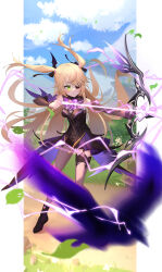 Rule 34 | 1girl, absurdres, arrow (projectile), bare shoulders, bat ornament, bird, black footwear, black ribbon, blonde hair, blue sky, blush, bodystocking, boots, bow, bow (weapon), bowtie, breasts, collar, crow, day, eyepatch, fischl (genshin impact), garter straps, genshin impact, gloves, green eyes, hair over one eye, hair ribbon, high heels, highres, holding, holding bow (weapon), holding weapon, leaf, leotard, lightning, lijiahao5103, long hair, medium breasts, mitternachts waltz (genshin impact), outdoors, oz (genshin impact), purple bow, purple bowtie, purple ribbon, ribbon, single glove, single leg pantyhose, single sleeve, single thighhigh, sky, smile, tailcoat, thighhighs, two side up, weapon