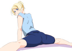 Rule 34 | 1girl, akira miku ver, arm support, ass, ayase eli, blonde hair, blue eyes, blue shirt, blue shorts, blush, from behind, looking at viewer, love live!, love live! school idol festival, love live! school idol project, ponytail, shirt, shorts, solo, spread legs, stretching, white background