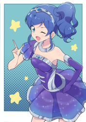 Rule 34 | aikatsu!, aikatsu! (series), blue background, blue dress, blue eyes, blue hair, border, breasts, cbgb, commentary, dress, elbow gloves, finger gun, gloves, hand on own hip, highres, kiriya aoi, leaning forward, metal hairband, one eye closed, outside border, pointing, pointing up, side ponytail, single glove, small breasts, smile, star (symbol), symbol-only commentary, v-shaped eyebrows, white border