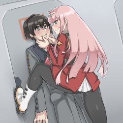 Rule 34 | 10s, 1boy, 1girl, aqua eyes, black hair, black pantyhose, boots, clothed sex, darling in the franxx, face grab, femdom, foot kabedon, hair between eyes, hiro (darling in the franxx), horns, kabedon, long hair, maji-pan, military, military uniform, pantyhose, pink hair, standing, standing on one leg, uniform, zero two (darling in the franxx)