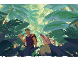 Rule 34 | 1boy, 1other, backpack, bag, bird, black shirt, commentary, day, earrings, english commentary, goggles, goggles on head, green hair, highres, jewelry, jungle, male focus, multiple earrings, muscular, muscular male, nature, one piece, outdoors, palm tree, roronoa zoro, salmonfordinner, serious, shirt, short hair, sleeveless, sleeveless shirt, toucan, tree, upper body