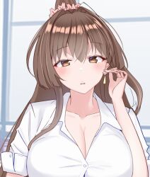 Rule 34 | breasts, brown eyes, brown hair, cleavage, collared shirt, commission, dress shirt, earrings, jewelry, kantai collection, large breasts, long hair, office lady, parted lips, sakurai nana (moshichi), shirt, skeb commission, solo, upper body, white shirt, window, yamato (kancolle)