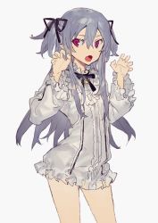 Rule 34 | 1girl, bad id, bad twitter id, blouse, bottomless, bow, charolette antoine (hirota tsuu), claw pose, cowboy shot, dress, fang, frills, grey hair, hair between eyes, hair ribbon, hirota tsuu, long hair, long sleeves, looking at viewer, open mouth, original, pointy ears, purple eyes, ribbon, shirt, simple background, solo, two side up, white background