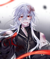 Rule 34 | 1boy, a date with death, bare shoulders, bishounen, black gloves, blood, blood on clothes, blood on face, blood stain, casper (a date with death), coat, gloves, highres, jacket, long hair, male focus, open mouth, red eyes, sanfangzhu58831, simple background, sleeveless, solo, toned, toned male, upper body, white hair