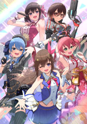 Rule 34 | 5girls, :d, ;d, arm up, armpits, azki (3rd costume) (hololive), azki (hololive), bare arms, bare shoulders, black gloves, blue eyes, blue hair, blue neckerchief, blue skirt, blush, bowsan, breasts, brown eyes, brown hair, cleavage, closed mouth, commentary request, crop top, frilled shirt, frills, glasses, gloves, green eyes, gun, hair between eyes, hair ornament, highres, holding, holding gun, holding microphone, holding weapon, hololive, hoshimachi suisei, hoshimachi suisei (1st costume), jacket, looking at viewer, medium breasts, microphone, multiple girls, navel, neckerchief, one eye closed, open mouth, outstretched hand, partially fingerless gloves, pink eyes, plaid headwear, pleated skirt, ponytail, purple jacket, roboco-san, roboco-san (1st costume), sakura miko, sakura miko (1st costume), shirt, sideboob, sidelocks, skirt, sleeveless, sleeveless jacket, sleeveless shirt, smile, star (symbol), star hair ornament, tokino sora, tokino sora (1st costume), virtual youtuber, weapon, white shirt, wrist cuffs