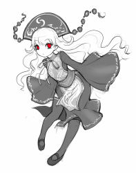 Rule 34 | 1girl, chinese clothes, dress, greyscale, hat, junko (touhou), monochrome, no nose, open mouth, pointy ears, raptor7, red eyes, sleeves past wrists, solo, spot color, tabard, thighhighs, touhou