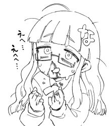 Rule 34 | 1girl, ahoge, bags under eyes, blood, blood on clothes, blunt bangs, borrowed character, collared shirt, cropped torso, crying, crying with eyes open, furrowed brow, greyscale, kikai (akita morgue), laughing, lineart, long hair, long sleeves, looking at viewer, monochrome, nervous smile, nosebleed, original, shirt, sidelocks, simple background, smile, solo, tareme, tears, text hair ornament, upturned eyes, wavy hair, wavy mouth, yasashii naizou-chan
