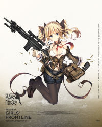 Rule 34 | 1girl, bag, bare shoulders, battle rifle, belt, bikini, bikini top only, black footwear, black pantyhose, black ribbon, black shorts, blazer, blonde hair, blue eyes, blush, bow, bow panties, breasts, brown jacket, buckle, bullet, character name, closed mouth, clothes writing, collarbone, copyright name, detached collar, floating, frown, full body, girls&#039; frontline, gun, hair ornament, hair ribbon, headset, highres, holding, holding gun, holding magazine (weapon), holding weapon, jacket, jianren, larue tactical obr, legs up, light smile, loafers, logo, long hair, long sleeves, magazine (weapon), medium breasts, navel, necktie, obr (girls&#039; frontline), off shoulder, official art, open clothes, open jacket, panties, panties under pantyhose, pantyhose, red necktie, ribbon, rifle, scope, shiny skin, shoes, short shorts, shorts, shoulder bag, sidelocks, solo, stomach, swimsuit, trigger discipline, twintails, two side up, unbuttoned pants, underwear, weapon, white bikini, wide sleeves
