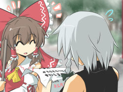 Rule 34 | 2girls, ^ ^, alternate costume, ascot, back, blurry, bow, broom, brown hair, check commentary, commentary request, depth of field, detached sleeves, closed eyes, flying sweatdrops, goma (gomasamune), hair bow, hair ornament, hair ribbon, hair tubes, hakurei reimu, holding, izayoi sakuya, multiple girls, open mouth, paper, ribbon, short hair, silver hair, smile, touhou, translation request