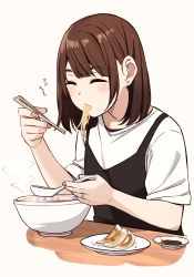 Rule 34 | 1girl, black dress, blush, bob cut, bowl, brown background, brown hair, chopsticks, closed eyes, closed mouth, commentary request, dress, earrings, eating, facing viewer, food, highres, holding, holding chopsticks, holding spoon, jewelry, kapatarou, nail polish, noodles, original, pink nails, ring, shirt, short sleeves, simple background, sleeveless, sleeveless dress, solo, spoon, stud earrings, thick eyebrows, translation request, upper body, white shirt