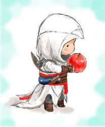 Rule 34 | 1boy, altair ibn la-ahad, apple, assassin&#039;s creed, assassin&#039;s creed (series), bad id, bad pixiv id, chibi, food, fruit, gloves, holding, holding food, holding fruit, hood, male focus, non-web source, solo, vambraces