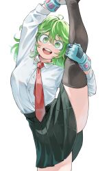 Rule 34 | 1girl, :d, absurdres, arm up, black skirt, black thighhighs, blue gloves, boku no hero academia, fengling (furin-jp), gloves, green eyes, green hair, grey thighhighs, hagakure tooru, hand up, highres, leg up, long hair, looking at viewer, miniskirt, necktie, open mouth, pleated skirt, red necktie, simple background, skirt, smile, solo, split, standing, standing on one leg, standing split, teeth, thighhighs, upper teeth only, white background