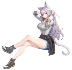 Rule 34 | 1girl, animal ear fluff, animal ears, arms behind head, arms up, bare legs, belt, blue shorts, breasts, bunching hair, buttons, cat ears, cat girl, cat tail, collarbone, denim, denim shorts, full body, grey shirt, hair ornament, hair tie in mouth, hairclip, highres, invisible chair, king&#039;s raid, kirze, large breasts, crossed legs, long hair, looking at viewer, mouth hold, non-web source, official art, pouch, red eyes, shirt, shirt tucked in, shoes, short shorts, shorts, silver hair, sitting, smile, sneakers, solo, tail, thighs, transparent background, wrist cuffs