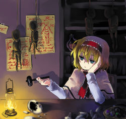 Rule 34 | 1girl, alice margatroid, blonde hair, blue eyes, doll, female focus, hammer, hand on own cheek, hand on own face, hanged, lamp, noose, note, shelf, short hair, solo, table, tadano kagekichi, touhou