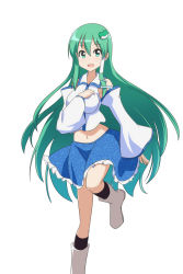 Rule 34 | 1girl, :d, black socks, blue skirt, boots, breasts, cato (monocatienus), commentary, detached sleeves, foot out of frame, frilled skirt, frills, frog hair ornament, green eyes, green hair, hair between eyes, hair ornament, hand on own chest, highres, kneehighs, kochiya sanae, large breasts, long hair, looking at viewer, midriff, navel, open mouth, simple background, skirt, smile, socks, solo, standing, standing on one leg, touhou, very long hair, white background, wide sleeves