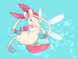 Rule 34 | 10s, blue background, blue eyes, blush, bow, bowtie, creatures (company), fairy wings, from side, full body, game freak, gen 6 pokemon, nintendo, no humans, pink bow, pink bowtie, pokemon, pokemon (creature), pokemon xy, profile, ribbon, simple background, smile, solo, sylveon, tail, wings