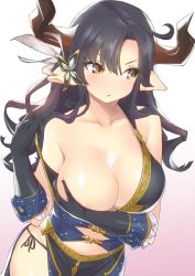 Rule 34 | 1girl, animal ears, areola slip, augusta (granblue fantasy), black gloves, black hair, blush, breast hold, breasts, brown eyes, cleavage, collarbone, covering privates, covering breasts, cow ears, draph, gloves, gradient background, granblue fantasy, highres, horns, large breasts, long hair, navel, nukkoru, panties, pointy ears, pout, side-tie panties, solo, underwear