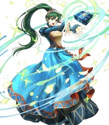 Rule 34 | 1girl, box, breasts, cleavage, dress, earrings, energy, female focus, fire emblem, fire emblem: the blazing blade, fire emblem heroes, full body, green eyes, green hair, highres, jewelry, long hair, lyn (fire emblem), lyn (valentine) (fire emblem), matching hair/eyes, nintendo, official art, open mouth, petals, ponytail, smile, solo, sparkle, transparent background, wada sachiko