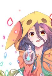 Rule 34 | 1girl, android, animal hoodie, chess piece, furry, fuzzy balls, glowing, glowing eyes, hair between eyes, highres, hood, hoodie, looking at viewer, multicolored hair, no game no life, no game no life zero, purple hair, shuvi (no game no life), smile, yellow eyes
