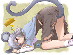 Rule 34 | 1girl, animal ears, cheese, female focus, food, legs, mouse (animal), mouse ears, mouse tail, nazrin, red eyes, short hair, silver hair, solo, sui. (ayase), tail, top-down bottom-up, touhou