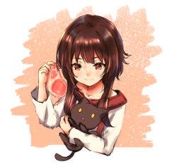 Rule 34 | 1girl, brown hair, cat, chomusuke, closed mouth, collarbone, commentary request, cropped torso, food, holding, holding food, kono subarashii sekai ni shukufuku wo!, long hair, meat, megumin, orange background, pikao, red eyes, steak, triangle mouth, upper body, white background, yellow eyes