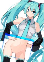 Rule 34 | 1girl, :s, annoyed, bare shoulders, black thighhighs, blue eyes, blue hair, blue necktie, blurry, blurry foreground, closed mouth, collared shirt, commentary, cowboy shot, detached sleeves, dutch angle, grey shirt, hands on own hips, hatsune miku, highres, kotomuke fuurin, long hair, looking at viewer, navel, necktie, pussy, shirt, simple background, skirt, sleeveless, sleeveless shirt, solo, thighhighs, twintails, v-shaped eyebrows, very long hair, vocaloid, white background, x-ray