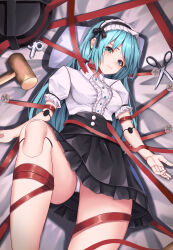 Rule 34 | 1girl, absurdres, bdsm, black skirt, blue hair, bondage, bound, clothes lift, cup6542, doll, doll joints, green eyes, highres, joints, long hair, looking at viewer, lying, maid headdress, mallet, on back, original, panties, scissors, short sleeves, skirt, skirt lift, solo, tagme, underwear, white panties, winding key