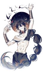 Rule 34 | 1boy, abs, arabian clothes, black hair, black nails, black rukh (magi), bracer, braid, crop top, grin, highres, holding, holding wand, jewelry, judal, long hair, looking at viewer, magi the labyrinth of magic, male focus, midriff, navel, neck ring, pants, red eyes, sailin, shawl, short sleeves, simple background, single braid, smile, solo, stomach, toned, toned male, wand, white background