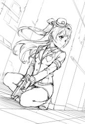 Rule 34 | 1girl, blunt bangs, blush, breast pocket, closed mouth, commentary request, greyscale, gun, handgun, haoni, hat, high heels, holding, holding gun, holding weapon, jacket, long hair, long sleeves, love live!, love live! school idol project, minami kotori, monochrome, necktie, one side up, pencil skirt, pistol, pocket, police, police hat, police uniform, policewoman, sketch, skirt, solo, squatting, two-handed, uniform, weapon