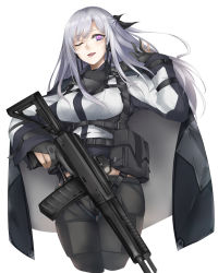 Rule 34 | 1girl, ak-12, ak-12 (girls&#039; frontline), assault rifle, black gloves, black pants, breasts, girls&#039; frontline, gloves, grey hair, gun, highres, kalashnikov rifle, large breasts, long hair, long sleeves, magazine (weapon), marche mk14, one eye closed, pants, partially fingerless gloves, purple eyes, rifle, solo, standing, tactical clothes, weapon