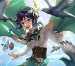 Rule 34 | 1boy, androgynous, animal, aura draws, beret, bird, black hair, blue hair, blurry, bow, braid, brooch, cape, cloud, cloudy sky, collared cape, collared shirt, commentary, corset, english commentary, flower, frilled sleeves, frills, gem, genshin impact, gradient hair, green eyes, green hat, green shorts, hat, hat flower, highres, holding, holding cape, holding clothes, jewelry, leaf, long sleeves, looking at viewer, male focus, multicolored hair, open mouth, pinwheel, shirt, short hair with long locks, shorts, sky, smile, solo, twin braids, venti (genshin impact), vision (genshin impact), white flower, white shirt
