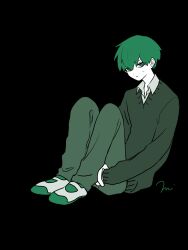 Rule 34 | 1boy, black background, collared shirt, earrings, expressionless, full body, green eyes, green hair, highres, hugging own legs, jewelry, jitome, long sleeves, looking at viewer, maco22, male focus, original, pants, shirt, shoes, sitting, solo, sweat, sweater