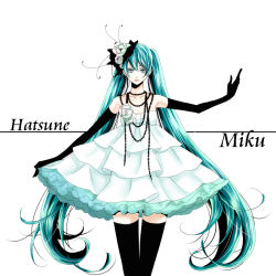 Rule 34 | 1girl, aqua eyes, aqua hair, bare shoulders, bead necklace, beads, black gloves, black thighhighs, blue eyes, character name, collarbone, dress, flower, frills, gathers, gloves, hair flower, hair ornament, haruma (high drop), hatsune miku, jewelry, layered dress, long hair, looking at viewer, necklace, outstretched arm, short dress, solo, strapless, strapless dress, thigh gap, thighhighs, twintails, very long hair, vocaloid, white dress, white flower