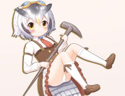 Rule 34 | 1girl, ass, blush, breasts, brown background, brown dress, brown eyes, brown footwear, closed mouth, collared shirt, commentary request, dress, frilled dress, frills, goggles, goggles on head, grey hair, hair between eyes, highres, holding, kemono friends, loafers, long sleeves, looking at viewer, northern white-faced owl (kemono friends), panties, puffy long sleeves, puffy sleeves, shin01571, shirt, shoes, simple background, small breasts, socks, solo, underwear, white hair, white panties, white shirt, white socks