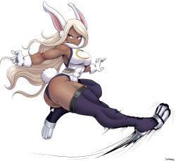 Rule 34 | 1girl, absurdres, animal ears, ass, boku no hero academia, breasts, dark-skinned female, dark skin, female focus, full body, gloves, highres, large breasts, leotard, long hair, mirko, purple thighhighs, rabbit ears, rabbit tail, red eyes, simmsy, simple background, sleeveless, solo, tail, thick thighs, thighhighs, thighs, white background, white gloves, white hair