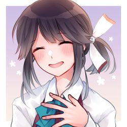 Rule 34 | 1girl, ahoge, amot 211, black hair, blue bow, blue bowtie, bow, bowtie, closed eyes, commentary request, dress, hair ribbon, halterneck, hand on own chest, hayanami (kancolle), highres, kantai collection, ponytail, purple dress, ribbon, school uniform, shirt, short hair, sidelocks, smile, solo, white ribbon, white shirt