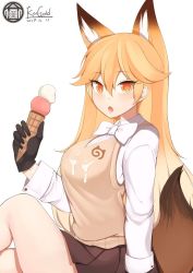 Rule 34 | 10s, 1girl, :o, animal ears, arm at side, artist name, black gloves, black skirt, blonde hair, blush, bow, crossed legs, dated, ezo red fox (kemono friends), fang, food, food on clothes, food on face, fox ears, fox tail, from side, gloves, hair between eyes, holding, holding food, ice cream, ice cream cone, japari symbol, k jin, kemono friends, long hair, long sleeves, looking at viewer, open mouth, orange eyes, pleated skirt, school uniform, shirt, simple background, sitting, skirt, solo, sweater vest, tail, very long hair, white background, white bow, white shirt