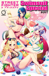 Rule 34 | 2017, 3girls, :q, ;q, aki lee, aki li, anklet, antenna hair, apple, artist request, ass, ayuhara natsu, barefoot, bat wings, between breasts, bikini, blonde hair, blue hair, bracelet, breasts, capcom, cleavage, company connection, cover, cover page, crossover, demon girl, eyewear on head, flat chest, flower, food, fruit, full body, hair flower, hair ornament, hairclip, hand on own hip, head wings, jewelry, justice gakuen, kanzuki karin, lilith aensland, lying, medium breasts, midriff, mini person, minigirl, multiple crossover, multiple girls, navel, necklace, one eye closed, oversized object, pendant, person between breasts, purple hair, ringlets, sarong, shiny skin, shiritsu justice gakuen, short hair, sitting, strawberry, street fighter, sunglasses, swimsuit, toes, tongue, tongue out, udon entertainment, vampire (game), wings