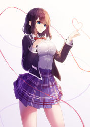 Rule 34 | 10s, 1girl, absurdres, alternate hair color, arm up, bad id, bad pixiv id, black jacket, blue eyes, blue skirt, bow, bowtie, breasts, brown hair, collared shirt, colored eyelashes, commentary request, cropped legs, hand on own chest, heart, highres, jacket, koi to uso, korean commentary, large breasts, parted lips, plaid, plaid skirt, pleated skirt, red bow, red bowtie, school uniform, shirt, short hair, simple background, skirt, soback, solo, takasaki misaki (koi to uso), thighs, white background, white shirt