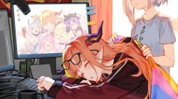 Rule 34 | 2girls, amane kanata, angel wings, asymmetrical hair, black-framed eyewear, blanket, blonde hair, blue hair, blush, breasts, closed eyes, closed mouth, commentary, computer, dragon horns, eyewear on head, glasses, head out of frame, himemori luna, hololive, horns, izumi sai, jacket, keyboard (computer), kiryu coco, kiryu coco (loungewear), long hair, long sleeves, microphone, monitor, monster energy, multicolored hair, multiple girls, official alternate costume, open mouth, orange hair, pointy ears, pp tenshi t-shirt, product placement, red jacket, shirt, short hair, short sleeves, silver hair, simple background, sleeping, small breasts, smile, sticky note, streaked hair, t-shirt, tokoyami towa, track jacket, tsunomaki watame, two-tone hair, upper body, virtual youtuber, white background, wings