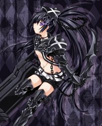 Rule 34 | 10s, 1girl, aoilio, arm cannon, armor, bad id, bad pixiv id, belt, belt skirt, black hair, black rock shooter, black rock shooter (character), boots, breasts, chain, glowing, glowing eyes, insane black rock shooter, knife, long hair, midriff, navel, purple eyes, scar, shorts, solo, twintails, underboob, very long hair, weapon