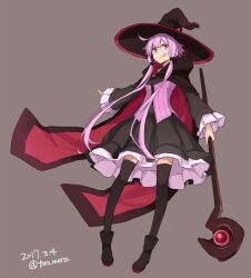 Rule 34 | 1girl, :q, ahoge, alternate costume, black dress, black thighhighs, boots, brown background, cloak, commentary request, dated, dress, frilled dress, frilled sleeves, frills, full body, hat, holding, holding staff, hood, hood down, hooded cloak, layered dress, long hair, looking at viewer, pink corset, pink hair, short hair with long locks, simple background, solo, staff, thighhighs, tongue, tongue out, toromera, twitter username, v-shaped eyebrows, very long hair, vocaloid, voiceroid, wide sleeves, witch, witch hat, yuzuki yukari