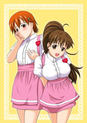Rule 34 | 2girls, :d, anna miller, apron, arms behind back, blush, breast envy, breasts, brown hair, character name, embarrassed, flat chest, hair ornament, hairclip, heart, inami mahiru, lace, large breasts, long hair, multiple girls, name tag, open mouth, orange hair, ponytail, red eyes, satou chagashi, short hair, smile, standing, sweatdrop, taneshima popura, waitress, working!!, yellow eyes
