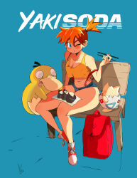 Rule 34 | 1girl, asymmetrical hair, backpack, bag, bare arms, bare legs, bare shoulders, blue background, blue eyes, blush, bowl, breasts, character name, chopsticks, cleavage, closed mouth, cowboy shot, creatures (company), crop top, denim, denim shorts, eating, english text, female focus, food, full body, game freak, gen 1 pokemon, gen 2 pokemon, gym leader, hair between eyes, hand up, highres, holding, holding chopsticks, large breasts, legs, looking at viewer, medium breasts, midriff, misty (pokemon), navel, nintendo, one eye closed, orange hair, pokemon, pokemon (anime), pokemon (classic anime), pokemon rgby, ponytail, psyduck, rice, shirt, shoes, short hair, short shorts, shorts, side ponytail, signature, simple background, sitting, sleeveless, sleeveless shirt, smile, sneakers, solo, stomach, suspenders, table, tank top, thick thighs, thighs, togepi, unworn backpack, unworn bag, wink, yakisoda, yellow shirt, yellow tank top