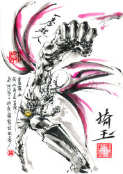 Rule 34 | 1boy, artist name, bald, belt, boots, cape, character name, chinese text, clenched hands, clenched teeth, fighting stance, gloves, jidao huashi, long sleeves, male focus, motion lines, muscular, one-punch man, punching, saitama (one-punch man), simple background, solo, spot color, teeth, text focus, traditional media, translation request, white background