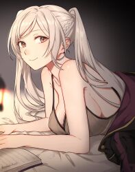 Rule 34 | 1girl, alternate breast size, book, breasts, brown eyes, cleavage, fire emblem, fire emblem awakening, gloves, highres, large breasts, long hair, looking at viewer, lying, nintendo, on stomach, peach11 01, reading, robe, robin (female) (fire emblem), robin (fire emblem), smile, solo, tank top, twintails, upper body, white hair