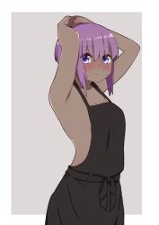 Rule 34 | 1girl, apron, armpits, arms behind head, arms up, bare shoulders, blush, breasts, closed mouth, commentary, commentary request, dark-skinned female, dark skin, fate (series), grey background, hair between eyes, hassan of serenity (fate), highres, i.u.y, looking at viewer, medium breasts, naked apron, overalls, purple eyes, purple hair, short hair, smile, solo, two-tone background, white background