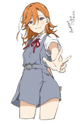 Rule 34 | 1girl, arm behind back, belt, belt buckle, blue belt, blue dress, buckle, closed mouth, collared shirt, commentary request, contrapposto, cowboy shot, cropped legs, dot nose, dress, foreshortening, hair behind ear, hair between eyes, hand up, long hair, looking at viewer, love live!, love live! superstar!!, nakayama miyuki, neck ribbon, orange hair, outstretched arm, parted bangs, pinafore dress, pleated dress, purple eyes, red ribbon, ribbon, school uniform, shirt, short dress, short sleeves, simple background, sleeveless dress, smile, solo, standing, translation request, w, white background, white shirt, wing collar, yuigaoka school uniform